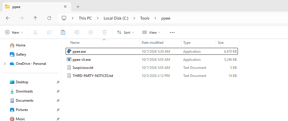 Extracted PPEE folder in Windows Explorer