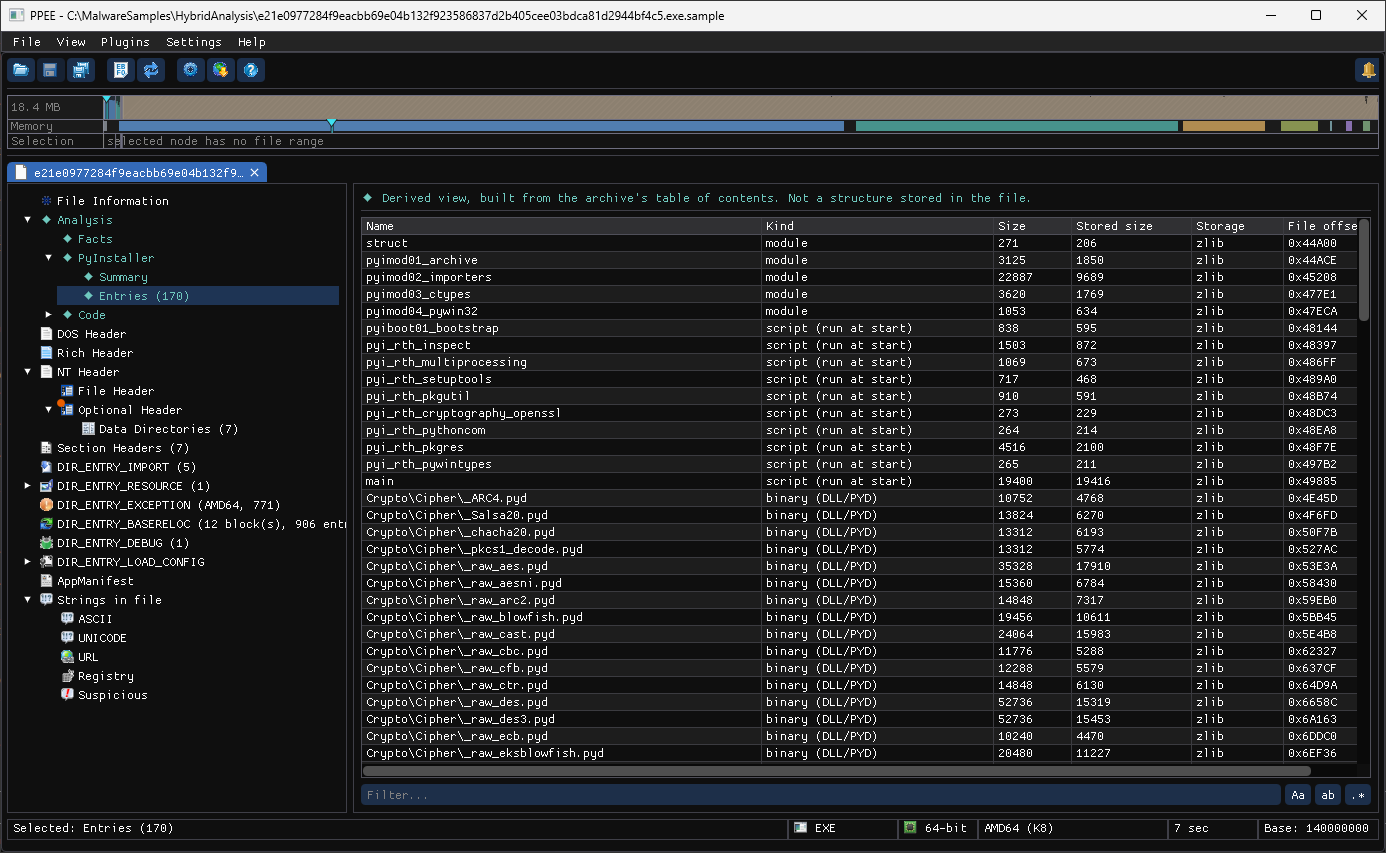 PyInstaller Entries view: bootstrap modules, the runtime-hook scripts, main, and the bundled PyCryptodome cipher modules