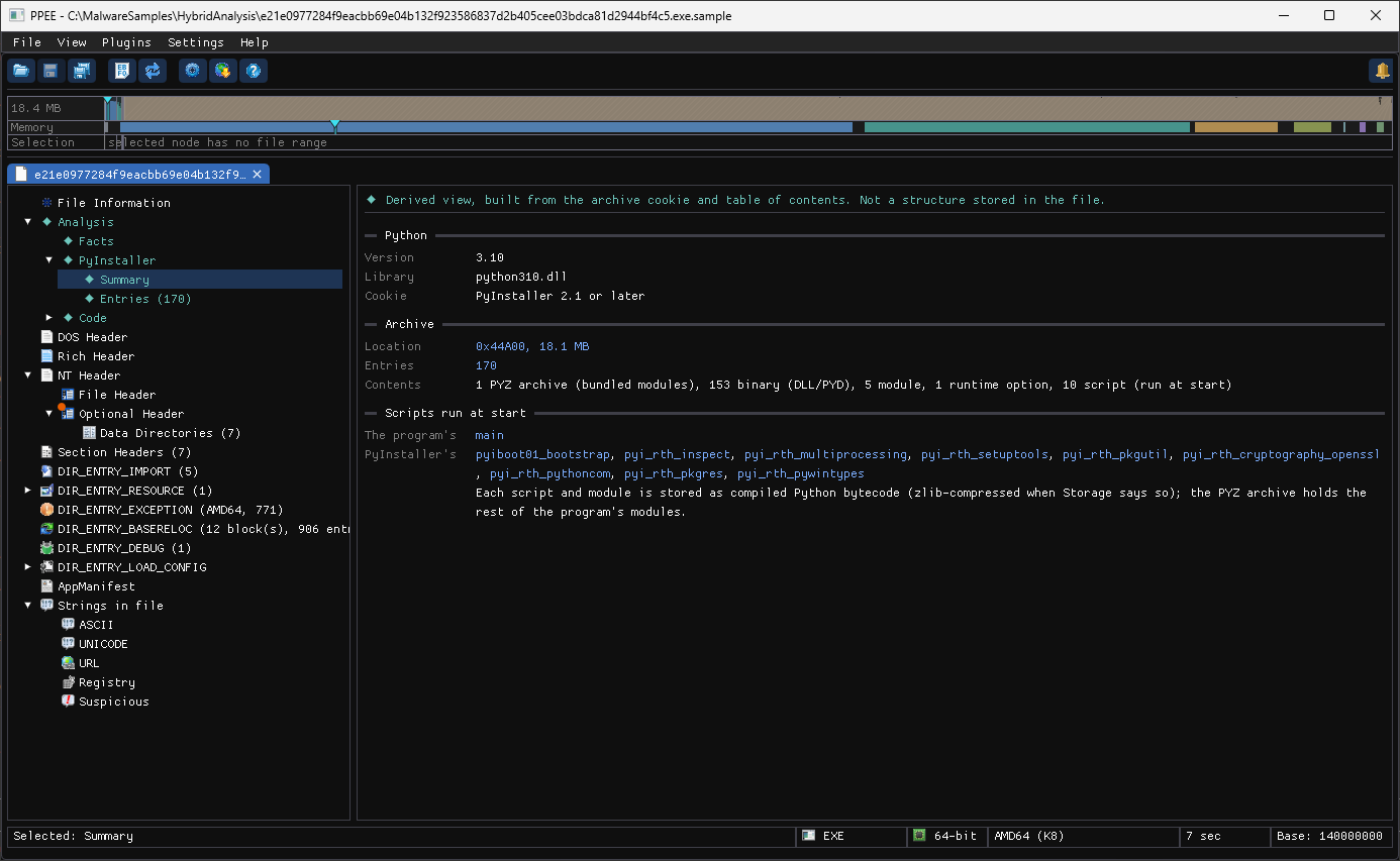 PyInstaller Summary: Python 3.10, the 18.1 MB archive at 0x44A00, 170 entries, and main set apart from PyInstaller's own scripts