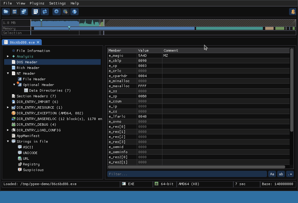 Animated tour of PPEE: file information, sections, imports with a regex filter, strings, API call sites and Show Code